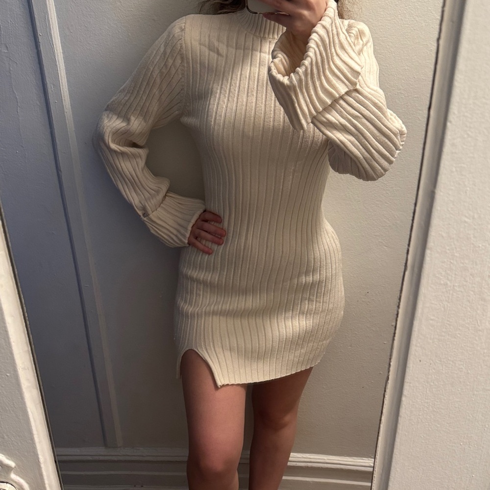 Fitted Cream Ribbed Mini Sweater Dress with Bell Sleeves